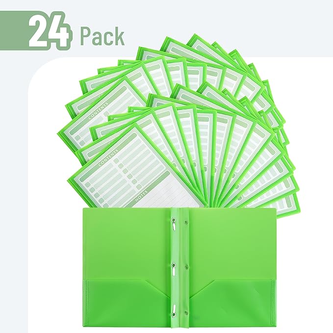 Mr. Pen- Plastic Folders with Pockets and Prongs, 24 Pack, Letter Size, Green, Flexible Plastic Folders with Prongs, Clear Front Pocket and Card Slot
