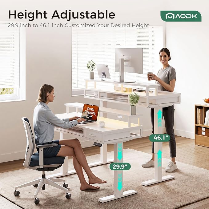 AODK 55 Inch Electric Standing Desk with Drawers & Keyboard Tray, White | Power Outlet, LED Lights, Monitor Stand, Cable Management Tray, 3 Memory Heights, 29.9"-46.1" in Range