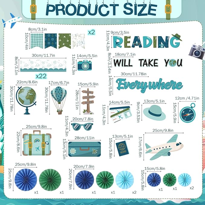 76 Pcs Reading Travel Bulletin Board Set with Paper Fans Reading Motivational Classroom Decorations Travel The Map Camping Mountain Cutouts for Back to School Office Home Wall Supplies Decor