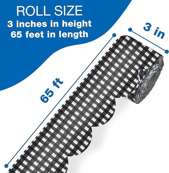 Carson Dellosa Farmhouse 65Ft of Black and White Gingham Bulletin Board Borders, 1 Roll of Scalloped Trim for Rolling Whiteboard, Cork and Posterboard, Party, Office Decorations, and Classroom Decor