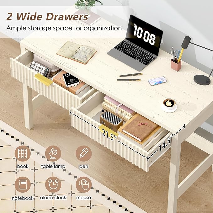 47 Inch Small Fluted Computer Desk with 2 Drawers for Bedroom, Home Office | Small Computer Desk with Storage for Bedroom, Compact Writing Study Desk for Small Spaces, Warm White