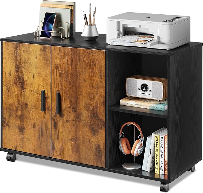 DEVAISE Office Storage Cabinet, Lateral Printer Stand, Rustic Brown | Doors and Shelves, Mobile File Cabinet, Large Office Supplies and Craft Storage