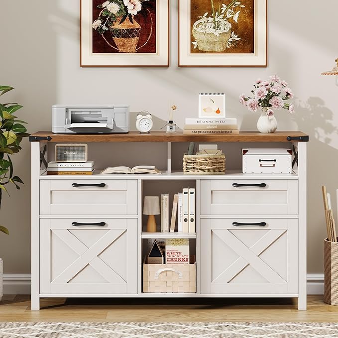 Halitaa File Cabinet with Open Storage Shelf for Home Office, Off White | Farmhouse, Lateral Filing Organization Storage Cabinets, 4 Drawers, Adjustable Shelf, Hanging Files Letter/A4