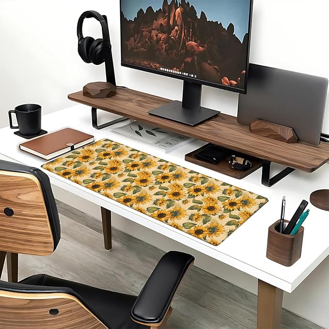Sunflower Extended Mouse Pad 31.5x11.8in, Yellow Floral Leaf Pattern Large Desk Mat with Non-Slip Rubber Base, Big Mousepad for Laptop Computer PC, Gaming Office Home Decor, Deskmat Gifts