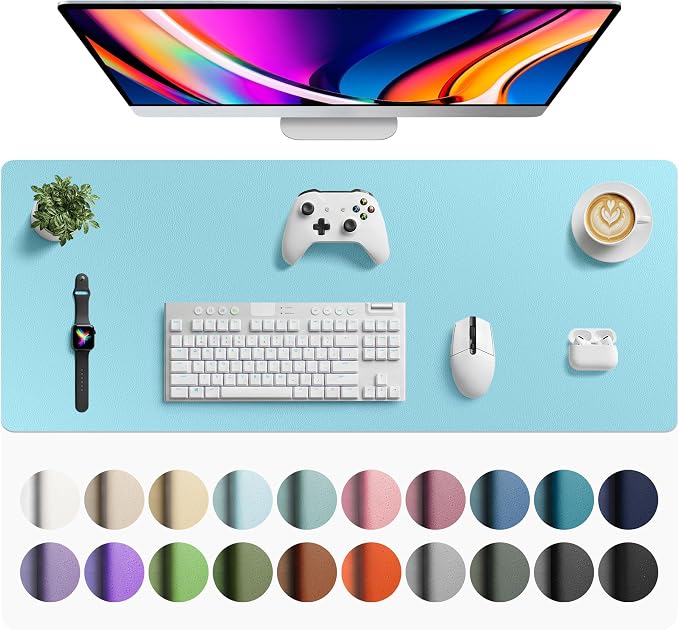 Aothia Faux Leather Desk Mat - Large Mouse Pad, Non-Slip PU Leather Blotter, Waterproof Writing Surface for Office and Home (Blue Topaz, 42" x 17")