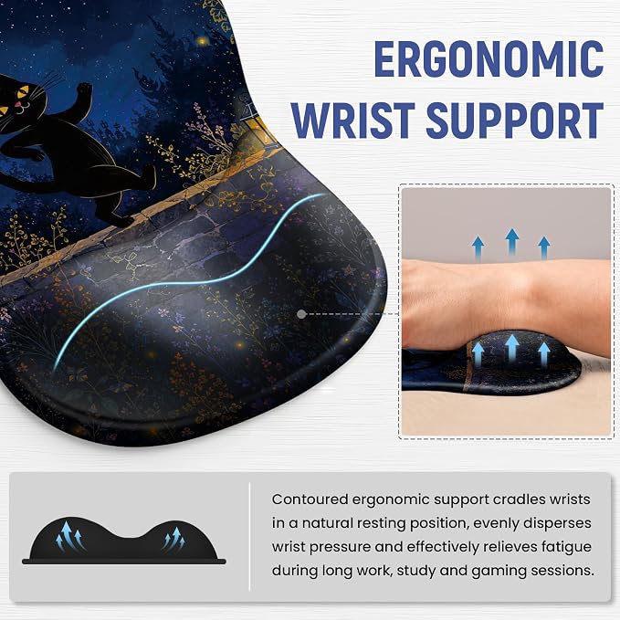Ergonomic Mouse Pad with Wrist Rest, Gel Wrist Support, Starlit Cat | 10.2 x 7.6 in Mouse Pad with Smooth Fabric Surface and Non-Slip Rubber Base for Office, Home, Study, and Gaming