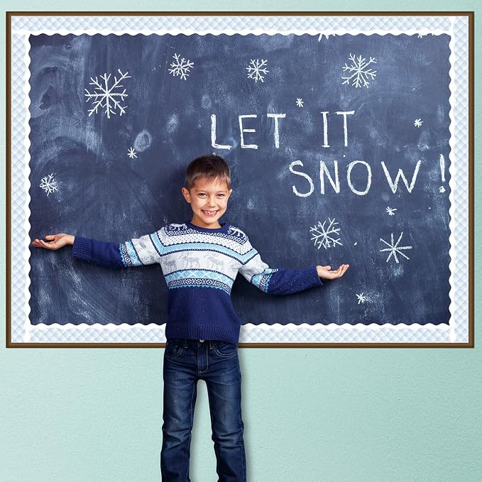 BeYumi Winter Snowflake Border Trim - 65ft Winter Christmas Sage Blue Snowflake Plaid Scalloped Rolled Border Trim Checkered Bulletin Board Borders School Classroom Office Chalkboard Door Decoration