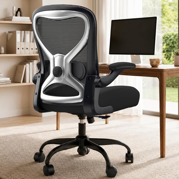 Ergonomic Home Office Chair, 4-Way Lumbar, Thick Cushion, 330LBS | Adjustable Lumbar (up/down/in/out), Rocking Mesh Back, Flip-up Arms, Easy Assembly, Ideal for home offices & small workspaces