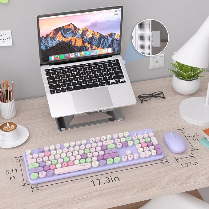 UBOTIE Colorful Wireless Keyboard and Mouse Combo (Purple-Colorful) | Retro Typewriter Floating Full-Sized Keys Computer Keyboard with Optical Mouse, 2.4GHz USB Connection for Windows Mac