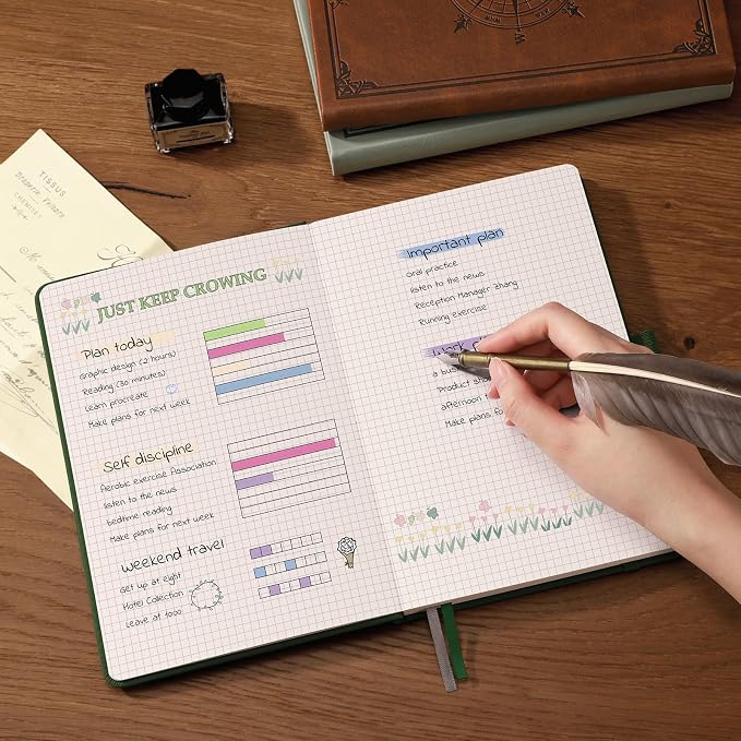 AHGXG Graph Grid Paper Notebook, 192 Pages, A5 Medium Size (5.7'' x 8.3'') | 5 Squares per Inch, Leather Hardcover, 100 GSM Thick Paper, for School, Students, Math, Engineering (Dark green)