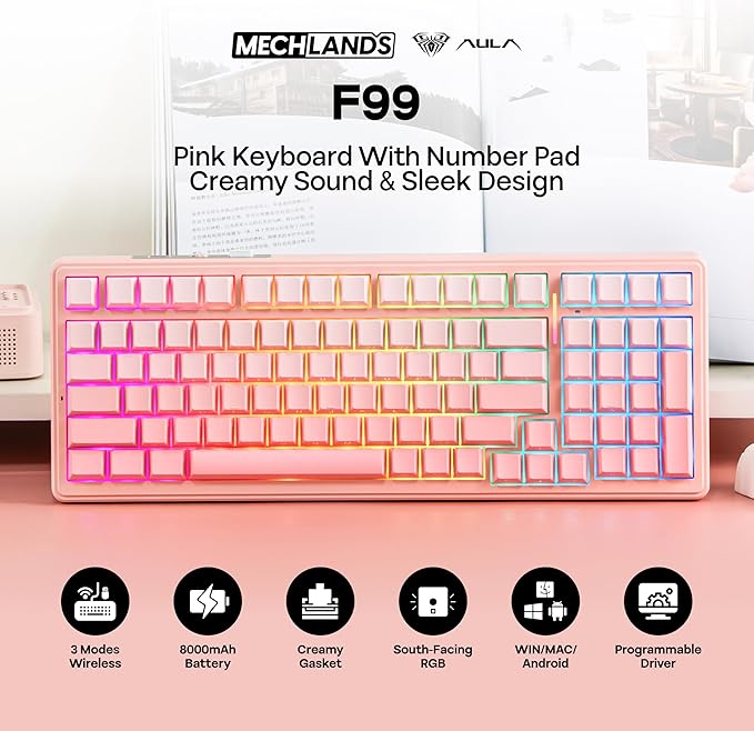 MechLands Aula F99 96% Wireless Gaming Keyboard, 8000mAh Battery, Creamy Gasket Mechanical Keyboard, BT/2.4GHz/USB-C, Hot-Swappable, Pre-lubed Linear Switch, Programmable RGB, Win/Mac (Pink Gradient)