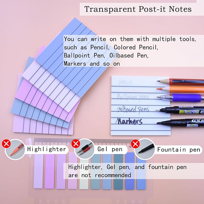 YOUDEFUL 800Pcs Transparent Sticky Note, 3"x3" Clear Sticky Note with Line | Waterproof Translucent Sticky Note for Books Annotation, Back to School Sticky Notes for Bible Study, School, Office