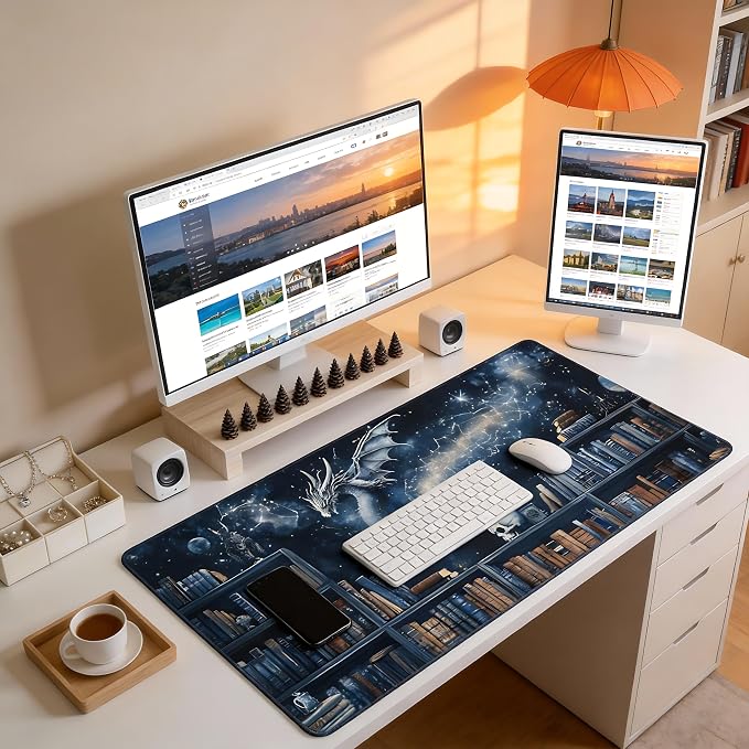 Aesthetic Dragon Gaming Mouse Pad, Black Blue Mystical Desk Mat with Anti-Slip Base & Stitched Edges, Computer Keyboard & Laptop Pad, 35.4" x 15.7" in in Workstation Accessories
