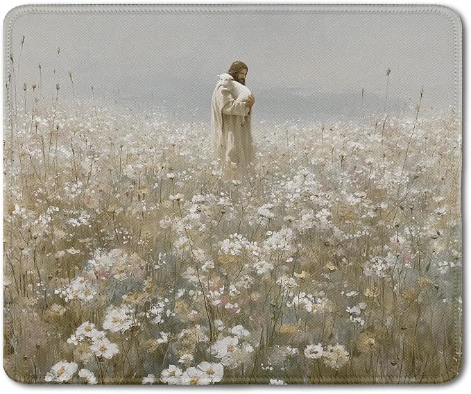 Christian Jesus Mouse Pad, Jesus and Lamb Wildflower Field Religious Faith Mouse Pads Mousepad for Home Office Dorm Computers Laptop Supplies Desk Accessories, 9.5x7.9 Inch