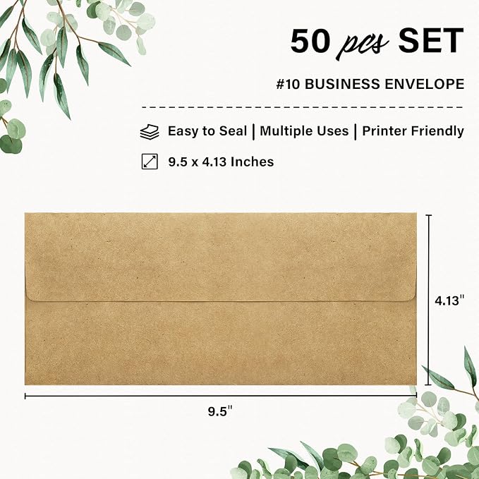 50 Pack #10 Kraft Paper Envelopes Letter Size Self Seal Business Envelopes | Brown Security Mailing Envelopes, 4 1/8 x 9 1/2 Inches