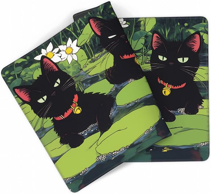 Cute Anime Black Cat Gaming Mouse Pad, Forest Green Anime Desk Mat with Anti-Slip Base & Stitched Edges, Office & Home Desk Decor for Women, 35.4" x 15.7" in Computer Desktop Mat
