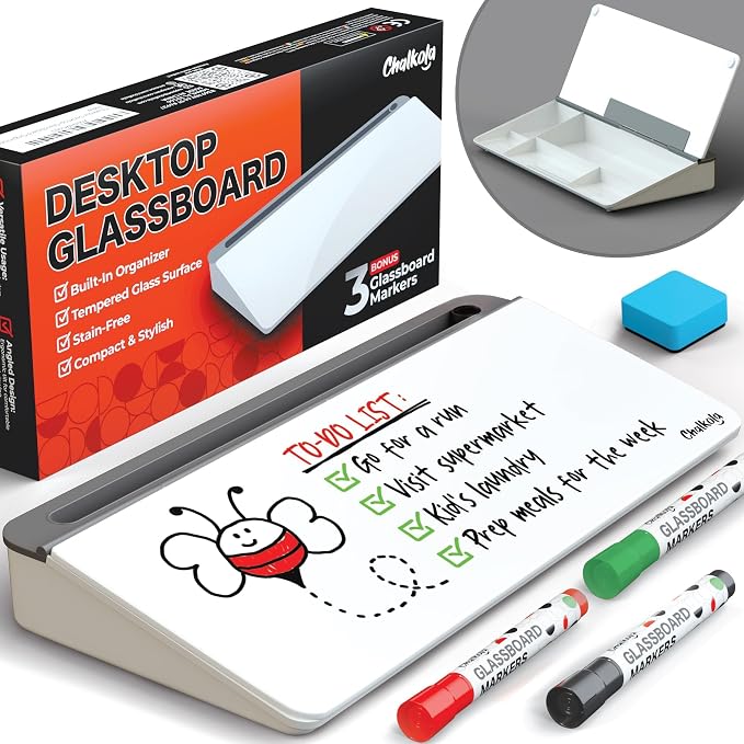 Chalkola Glass Desktop Whiteboard with Storage, Desk Dry Erase Board Buddy | Work Desk Organizers, Computer Keyboard Stand, Home Office Desk Accessories, Small White Board, Workspace Buddy + 3 Markers