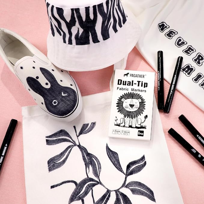 Pagather Fabric Markers, 6 Pack Black Dual Tip Pens for Clothes | For T-Shirts, Tote Bags, Canvas, Shoes & DIY Fabric Projects, Fine & Chisel Tips Create Detailed Designs and Black Lines
