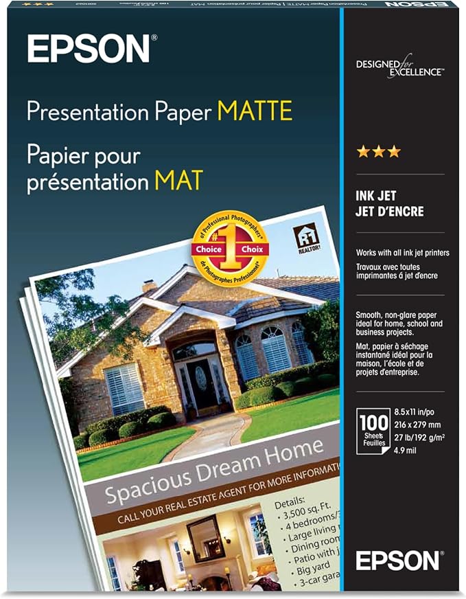 Epson Presentation Paper Matte,8.5 x 11 Inch,(S041062),White,100 Count (Pack of 5)