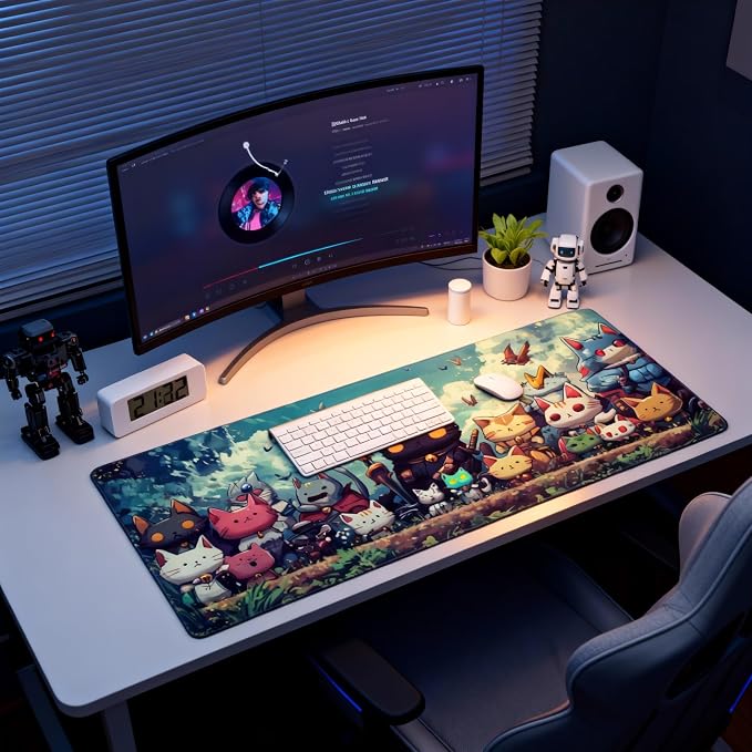Cute Anime Cats Gaming Mouse Pad, Colorful Anime Desk Mat with Anti-Slip Base & Stitched Edges,35.4" x 15.7" in Table Mat for Computer Desktop, Beautiful Workstation Decor
