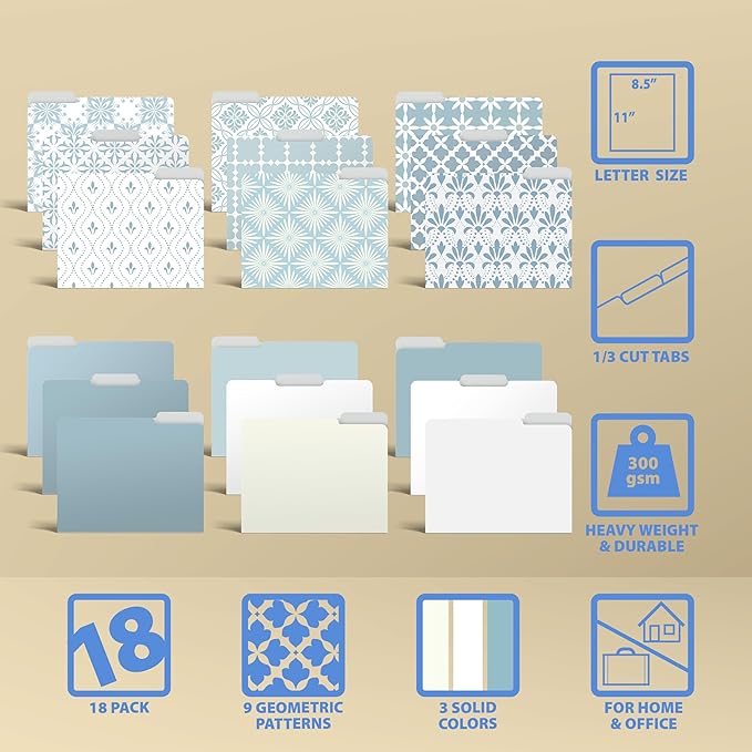 Better Office Products Decorative File Folders, 18 Pack, 9 Soft Floral Designs + 9 Matching Solid Colors, Heavyweight, Letter Size (9.5" x 11.5") with 1/3 Cut Tab, Laminated, Fashion Folders