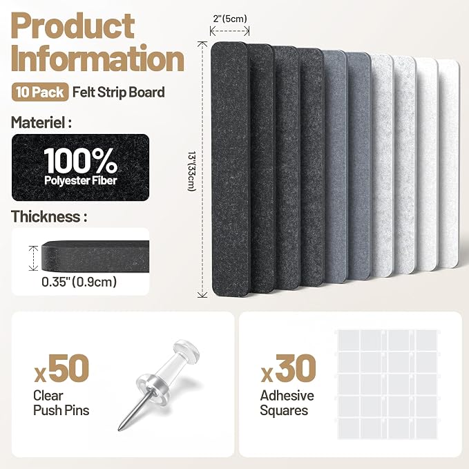 10 Pack 13"x2" Cork Board Strip with Removable Adhesive Squares & Push Pins | Pin Board Alternative Felt Strip Bulletin Board, Felt Board for Photo & Note Display, Home Office Decor - Urban Slate