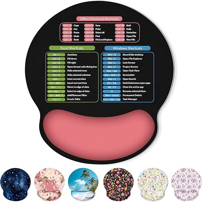Ergonomic Mouse Pad with Wrist Rest, Small Excel Cheat Sheet Desk Pad with Windows & Office & Excel Shortcuts, Non-Slip Rubber Base Mouse Pads for Desk with Smooth Surface, Black Pink