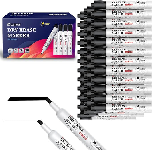 Comix Low Odor Dry Erase Markers Black, 36 Bulk Black Color Whiteboard Markers, Chisel Tip Thick Markers for Classroom, Teachers, Office, School Supplies