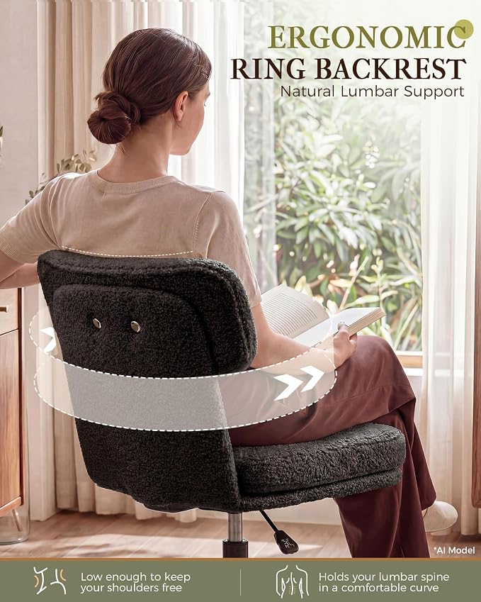 COMHOMA Vanity Chair with Ergonomic Curved Backrest, Home Office Desk Chair with Silent Wheel, Wide Seating Computer Chair for Girls Women Bedroom, Soft Teddy Fabric, Black