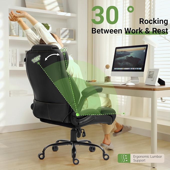 Office Chair, Big and Tall Executive Chair with Air-Lumbar Support, Breathable Desk Computer Chair with Adjustable Flip-up Armrests, Wide Cushion Seat Swivel Home Office Chair