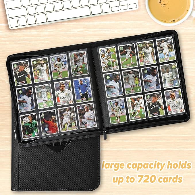 12 Pocket Ringless Side Loading Trading Card Binder, 720 Cards PU Fixed Page Zipper Card Album for TCG Sports Game Cards, Not Fit Top Loaders (Black)