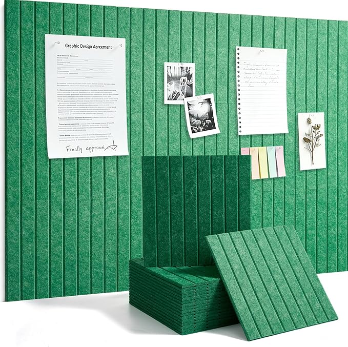 Large Felt Bulletin Board Cork Board Alternative with Safe Removable Adhesive Tabs, Wall Bulletin Board for Home Office Classroom Pin Board (Gemstone Green, Fine-Stripe 12-Pack)