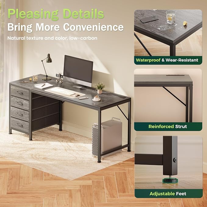 55.1 Inch Computer Office Desk with Power Outelts and USB-C Port, Reversible Gaming Desk with 4 Fabric Drawers, Work Study Desk Work from Home, Grey