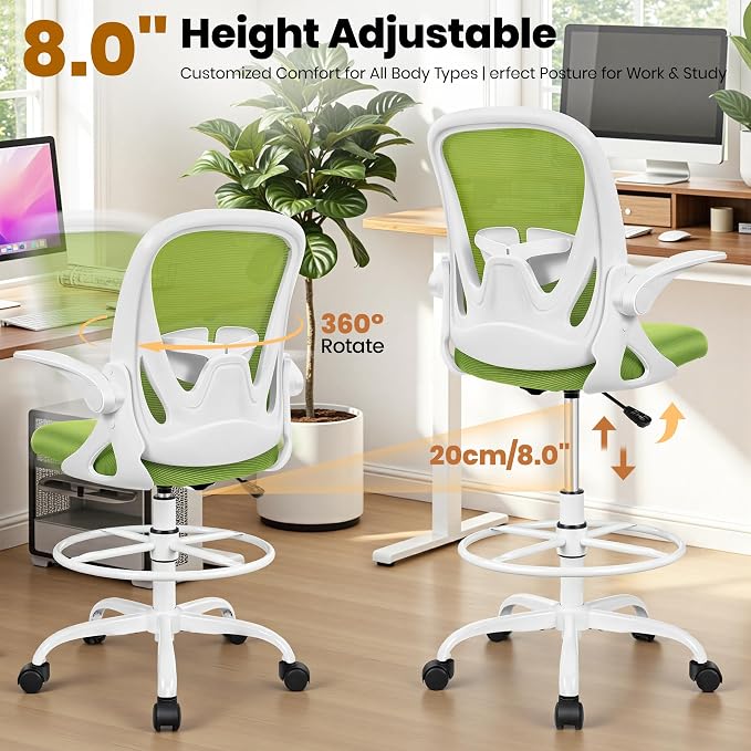 Drafting Chair Tall Office Chair with Flip-up Armrests Executive Ergonomic Computer Standing Desk Chair with Lumbar Support and Adjustable Footrest Ring (Green)