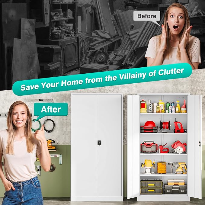 Wide & Deep Metal Storage Storage Cabinet with Adjustable Shelves,White Metal Cabinet with Lock,Steel Pantry Cabinets,72" Lockable Cabinets for Home,Office,Garage,Kitchen,Shop