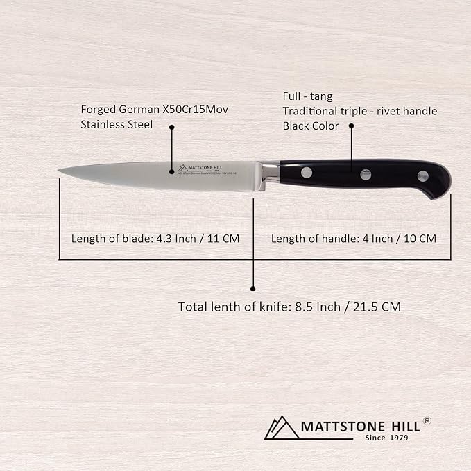 Kitchen Utility Knife - MATTSTONE HILL 4.3" Paring Knife, Vegetable Knife, German Steel, Triple Rivet Handle