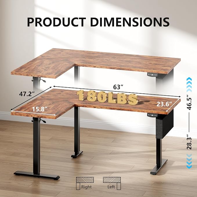 Korfile 63" L Shaped Standing Desk, Height Adjustable, LED, Memory Presets | Reversible, Ergonomic Sit to Stand Computer Desk with Headphone Hook for Home, Office and Workstation, Brown