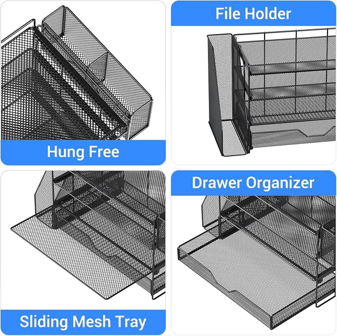 Desk Organizers and Accessories, 4-Tier Desktop File Organizer with Drawer and Pen Holders, Office Desk Accessories Workspace Organizers for Office Supplies (Soft Black)