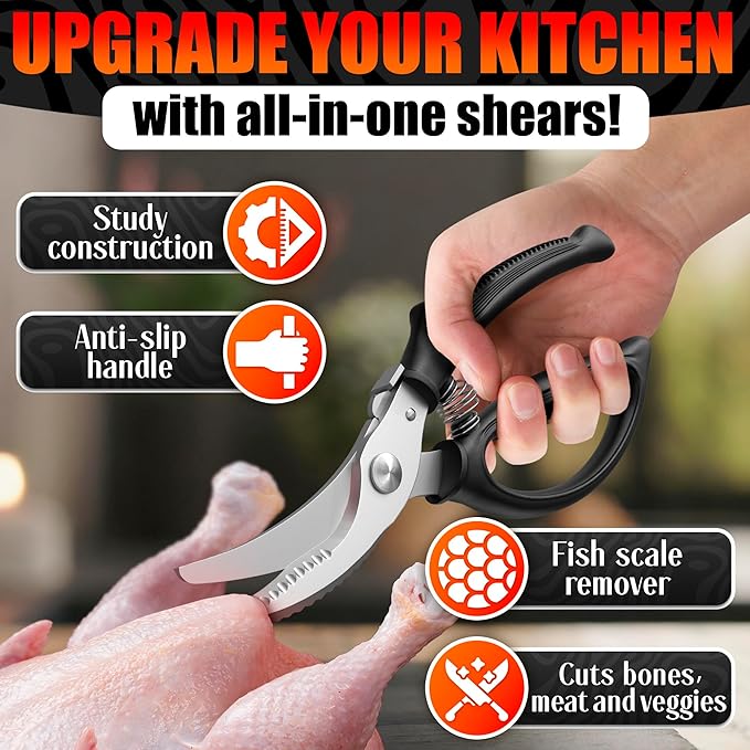 Poultry Shears Heavy Duty – Stainless Steel Chicken Shears with Spring Loaded Design, Non-Slip Serrated Edge & Safety Lock, Dishwasher Safe – Bone Cutting Scissors for Turkey, Poultry & Spatchcock