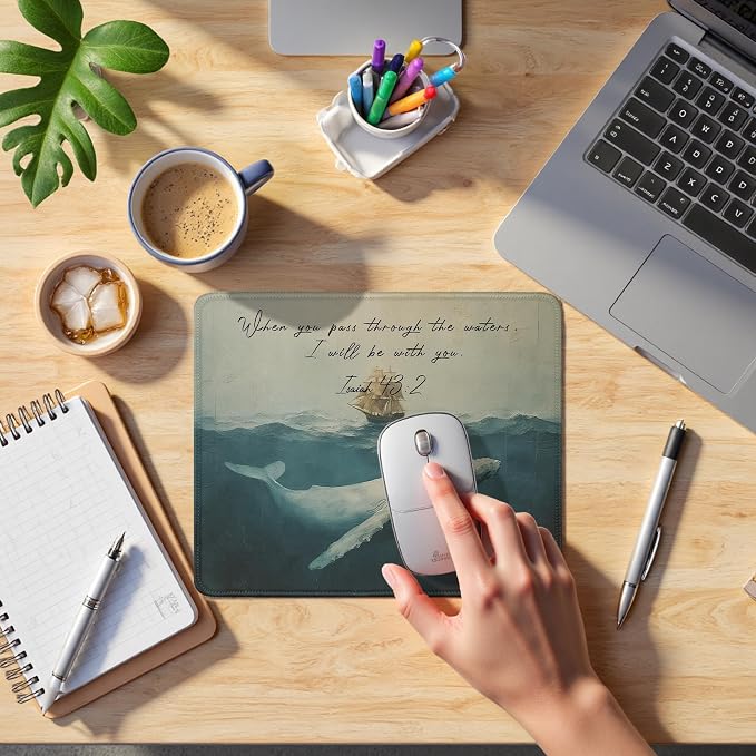 Christian Whale Mouse Pad, Isaiah 43:2 Coastal Beach Religious Bible Verse Mouse Pads Mousepad for Home Office Dorm Computers Laptop Supplies Desk Accessories, 9.5x7.9 Inch