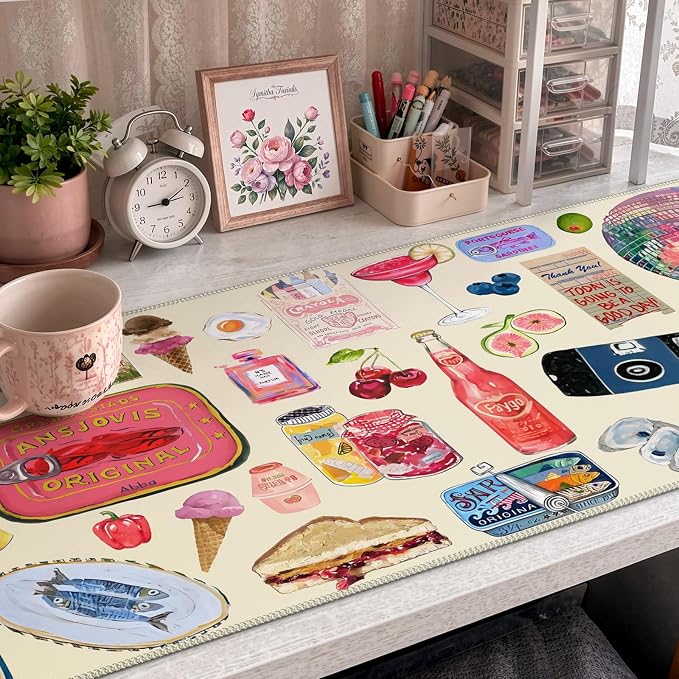 iCasso Cute Desk Mat, Large Mouse Pad, 35.4x15.7in, Watercolor Stickers