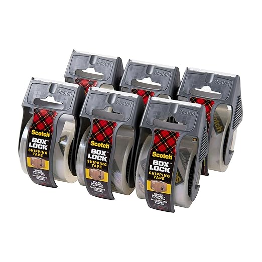 Scotch Box Lock Packing Tape,Clear,Extreme Grip Box Packaging Tape for Shipping and Mailing,1.88 in. x 22.2 yd.,6 Rolls with Dispensers,(Pack of 6)
