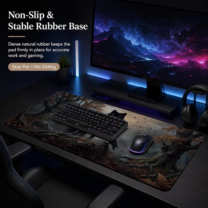 Moody Forest Wolf Raven Gothic Large Mouse Pad 31.5x15.7 Inch,M002 | Dark botanical wolf raven crow desk mat for home office dorm computers, gothic office decor and vintage desk accessories
