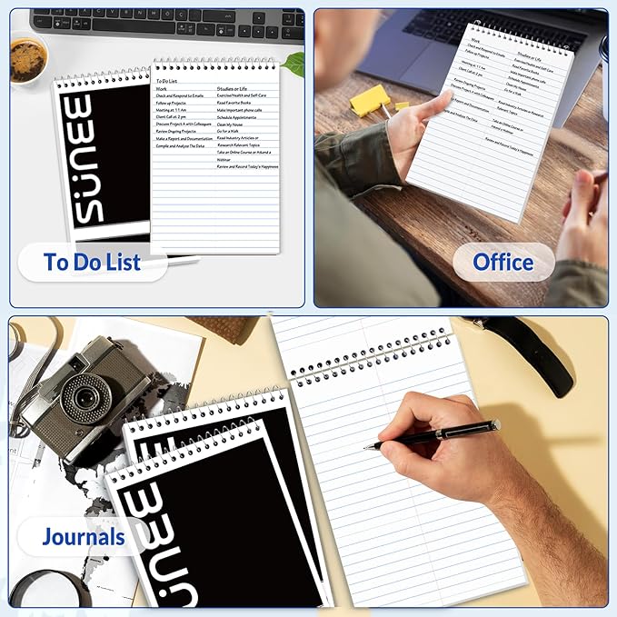 SUNEE 2 Pack Steno Pads 6x9, Gregg Rule, 60 Sheets, Spiral Notebook 6x9, White Paper, Take Notes with Top Spiral Notebook, for School, University, College, Work, Office, Black
