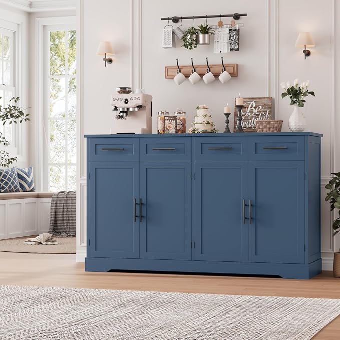 HOSTACK 60" W Sideboard Buffet Cabinet with Storage, Kitchen Cabinet, Blue | 36" Tall Kitchen Buffet Storage Cabinet with 4 Drawers, Large Coffee Bar Cabinet, Modern Buffet Table for Dining Living Room