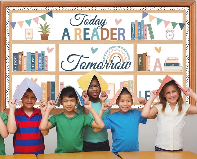 Boho Bookshelf Reading Bulletin Board Set – 80PCS Motivational Library Decor with Rainbow & Inspirational Cutouts – Read Themed Classroom Supplies for Back to School, Home & Wall Displays