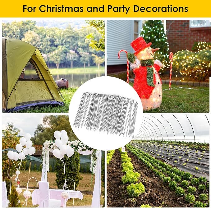 CEWOR 50 Pack Landscape Staples 4 Inch, Galvanized Steel Garden Stakes | 12 Gauge Ground Staples for Yard, Lawn, Weed Barrier Fabric, Ground Cover, Turf, Sod, Irrigation Hose, Landscaping