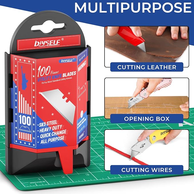 DIYSELF Utility Knife Blades 100 Pack, Box Cutter Blades Refills with Dispenser, Razor Blades Utility Knife Replacement Blade for Box Cutter, Razor Knife Blade | SK5 Steel Utility Knife Blades, Razor Knife Replacement Blade for Box Cutter