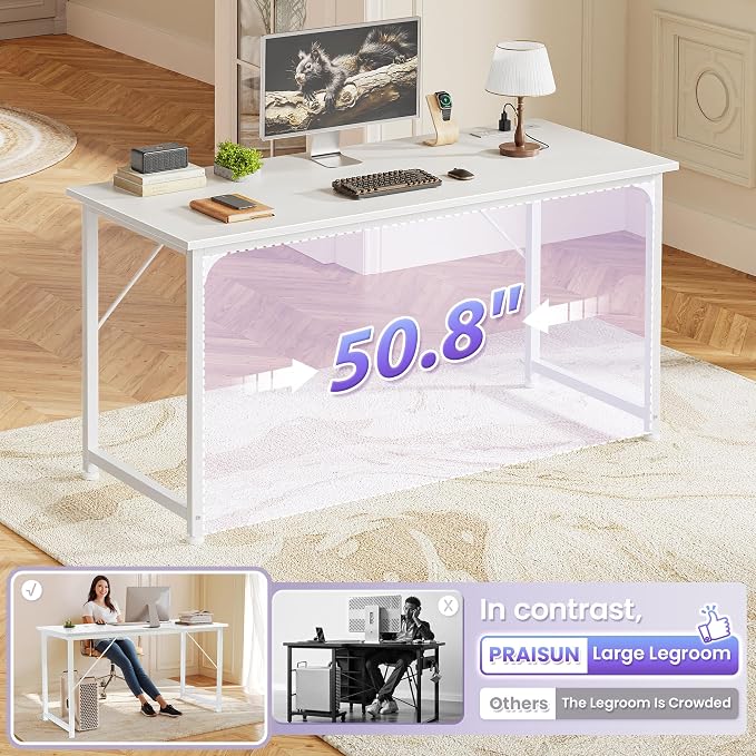 55 X 20 Inch Computer Desk, Power Outlets, USB-C, White | Office Desk with 4 AC Outlets, USB & USB-C, Sturdy Metal Frame, Spacious Desktop for Work, Writing, Study & Gaming