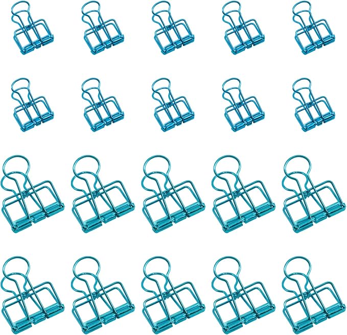 20 Pcs Hollow Out Long Tail Wire Binder Clips, 10 Medium + 10 Small | Blue, Assorted Sizes, Hollow Binder Clamps, Paper Binder Clips for Office School Supplies